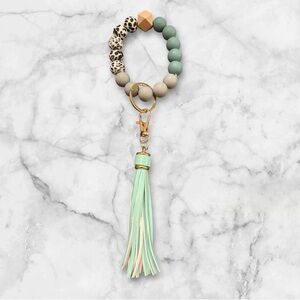 Mint and Beige Beaded Keychain with Tassel